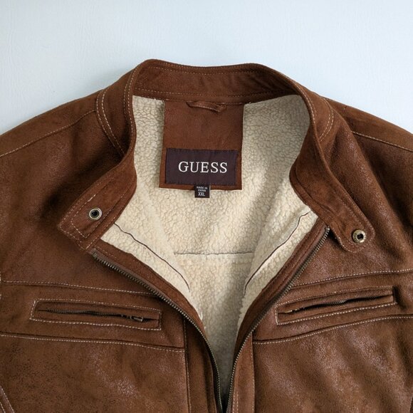 Guess Men's Faux Suede Shearling Biker Jacket Size XXL Brown - Picture 4 of 9